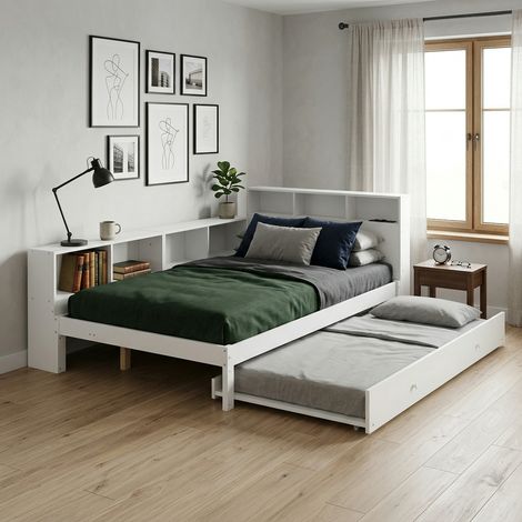 Lit en bois 120x200 cm avec tiroir tirant 90x190 cm, lit fonctionnel blanc avec étagère latérale de rangement montable à gauche/droite, tête de lit avec plateau et station de charge (1/5)