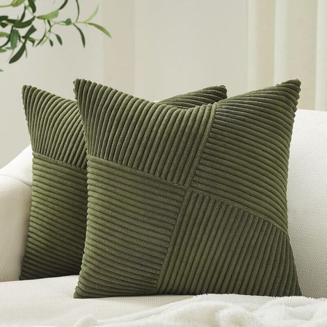Lot de 2 housses de coussin décoratives vert olive 45 x 45 cm pour canapé-lit Boho Home Decor doux velours côtelé patchwork motif à rayures moulin à vent texturé (1/4)