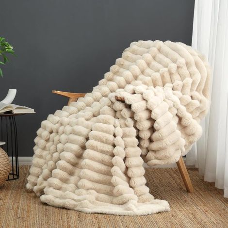 Couverture en fausse fourrure 180x200 cm, plaid rayé blanc crème ultra-doux pour canapé, lit et salon, lavable en machine (1/4)