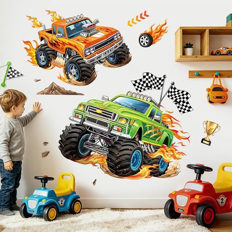 Stickers Muraux Voitures Camions 3D Autocollant Mural Voitures de Course Véhicules Décoration Murale Chambre Garçon Salle de Jeux (1/5)