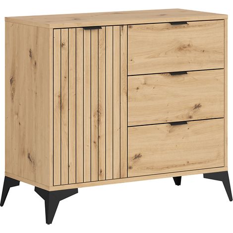 Commode meuble de rangement avec 1 porte et 3 tiroirs,coloris Chêne artisan - Longueur 90 x Profondeur 41 x Hauteur 83 cm (1/4)