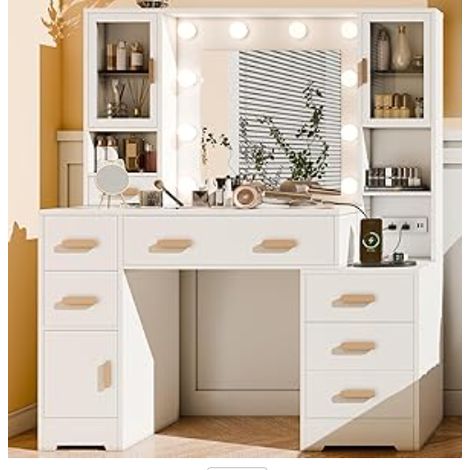 Coiffeuse de chambre blanche moderne avec miroir LED, tiroirs et vitrines de rangement, dimensions 112,00 × 73,00 × 13,50 cm (1/2)