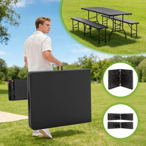 Klappbarer Picknicktisch 180 x 74 x 43 cm mit 2 Bänken, 3-teiliges Camping Set, HDPE Tischplatte mit Baummuster, UV- & wasserbeständig, Schwarz