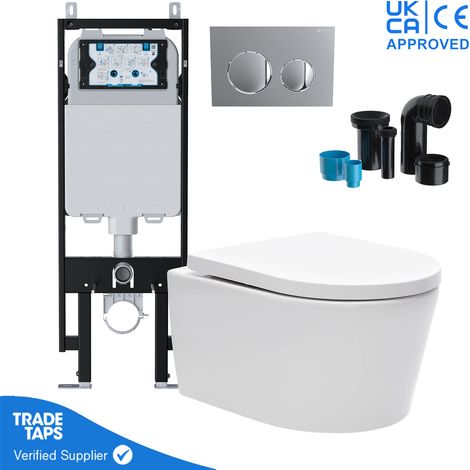 Luxury Wall Hung Rimless Toilet Pan with VIVA Slim Concealed Cistern Frame 1.14-1.35m & Chrome Flush Plate (1/5)
