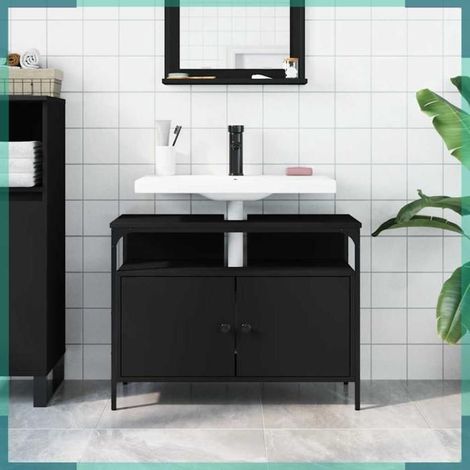 Armoire lavabo - 842441 - Noir - 80 x 30 x 60 cm - Ouverture siphon 8 x 20 cm (1/5)