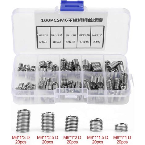 Insert de réparation de filetage, jeu d'inserts de filetage hélicoïdal à fil enroulé en acier inoxydable M6, 100 pièces (1/5)