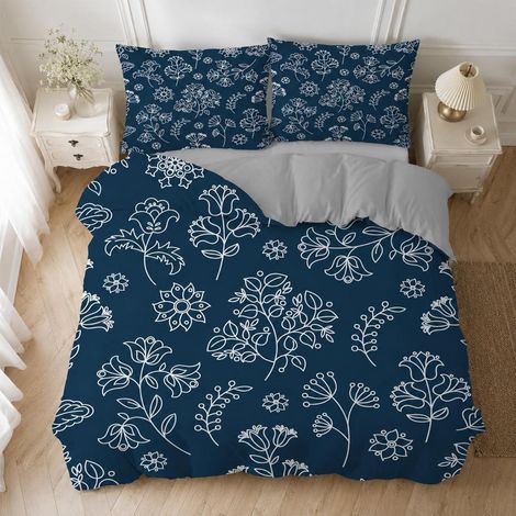 Ensemble de literie 135x200 cm Bleu Fleuri Microfibre avec 2 taies d'oreiller 80x80 cm