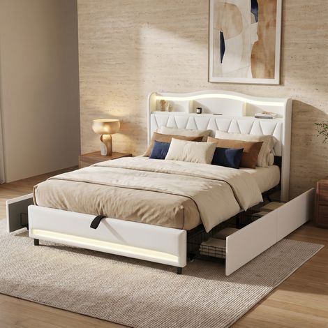 Letto matrimoniale 160x200 cm con 4 cassetti, LED RGB e caricatore USB Type-C, testiera con contenitore integrato, rivestimento in velluto, design moderno, beige