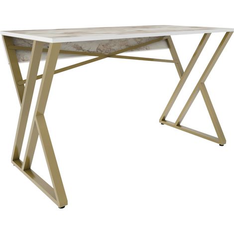 Bureau tréteau bois blanc effet marbre et pieds métal doré Pilaz 120cm (1/5)