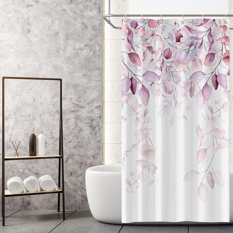Cortina de ducha de hojas rojas, juego de cortinas de baño con plantas botánicas de primavera de color rojo salvia y ganchos para decoración de baño, 90 x 180 cm (1/5)