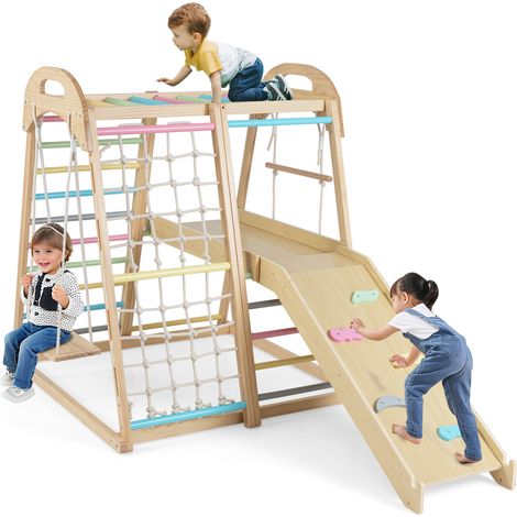 COSTWAY 8-in-1 Jungle Gym Wooden Montessori Climber Playset w/Slide-Multicolor (1/5)