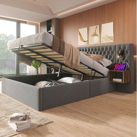 Cama con almacenaje 180/200 cm gris de terciopelo con 2 mesitas y luces de lectura USB (1/5)
