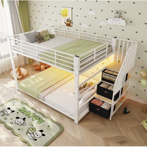 Etagenbett 140x200 cm Metall/MDF Weiß mit Stauraumtreppe, ohne Matratze – MEUBLIV (1/5)