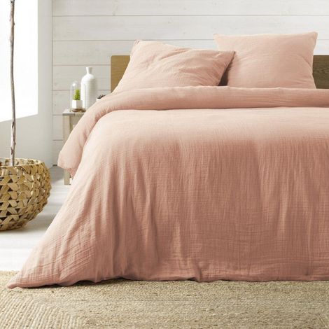 Parure de lit Housse de couette 2 personne + 2 taies d'oreiller en gaze de coton 240 x 220 cm coloris rose (1/4)