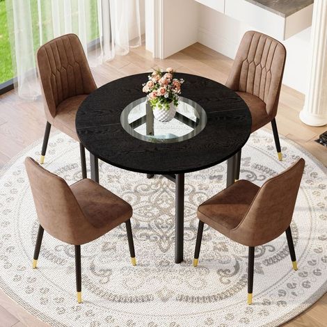 Table avec Chaises diamètre 100 cm 4 Fauteuils Table ronde aspect bois noir fauteuils bruns tissu Tech pieds métal noirs (1/5)