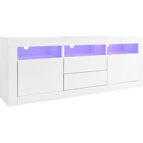 TV-Lowboard Weiß Hochglanz 160x35x60 cm mit LED, 3 Fächer, 2 Türen, 2 Schubladen (1/5)