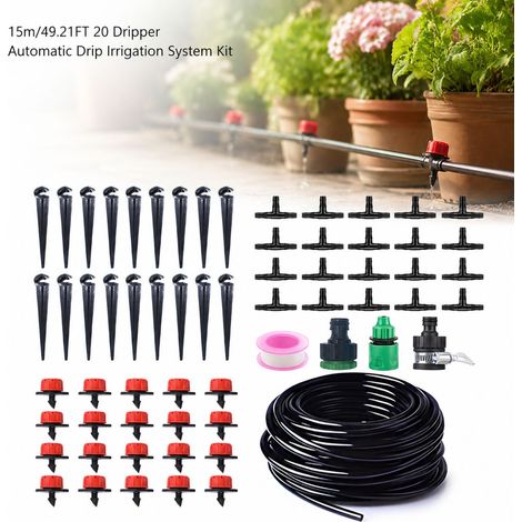 Sistema di irrigazione a goccia - Kit in PVC da 15 m - Irrigazione automatica del giardino con 20 gocciolatori regolabili e accessori (1/5)