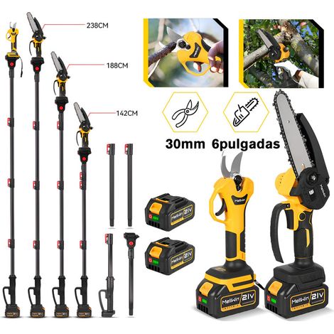 6" Motosierras de batería con pértiga & podadora eléctrica 5 mm, juego de herramientas de jardín 4 en 1 con 2 baterías de 3000 mAh, alcance máximo de 2,1 m
