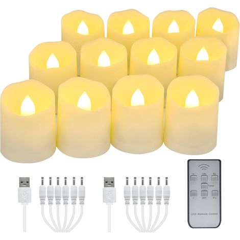 Juego de 12 velas LED recargables tipo candela de té con control remoto, temporizador, llama eléctrica parpadeante, luz blanca cálida. (1/5)