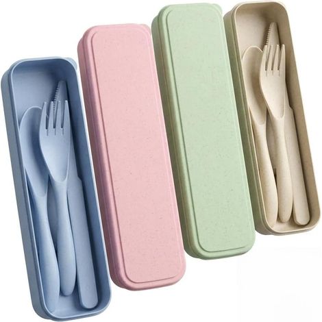 4 PCS Couvert Plastique Reutilisable Voyage, Set de Couvert avec Boite a Couvert, Couverts Plastique Portables pour Bureau, École, Couvert Camping avec Couteau Fourchette Cuillère Réutilisable (1/5)