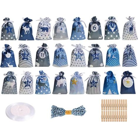 24 sacchetti per calendario dell'Avvento, sacchetti per calendario dell'Avvento, sacchetti per calendario dell'Avvento riempibili, sacchetti per calendario a sorpresa per Natale, con clip in legno e s