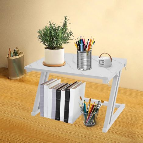 2 Tier Microwave Stand, Load-bearing Capacity: 25kg, w/ 6 Hooks, Microwave Oven Shelf Kitchen Organizer Rack Countertop Organiser Shelves for Kitchen Bathroom, White (1/5)