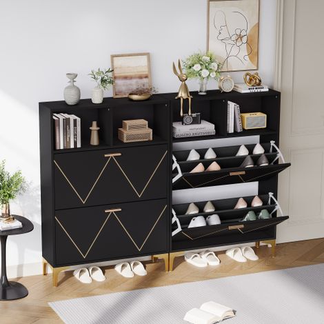 Zapatero con 4 puertas bajas abatibles, 4 compartimentos de almacenamiento, patas de metal, en MDF, negro (1/5)