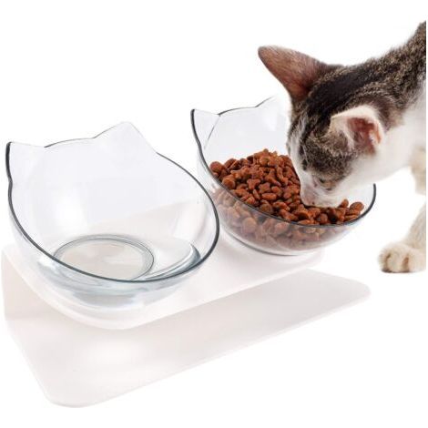 Gamelle Chat, Transparent, Bol ble Réglable, avec Support Surélevé, Eau et Nourriture, Évite les Blessures au Cou (1/5)