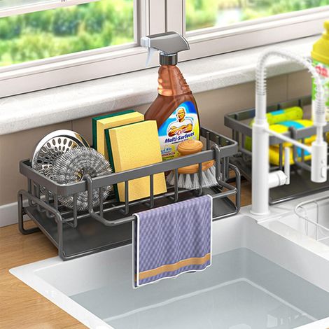 Organisateur d'évier avec bac d'écoulement automatique, porte-éponge et porte-serviettes, accessoire pour cuisine et salle de bain, gris