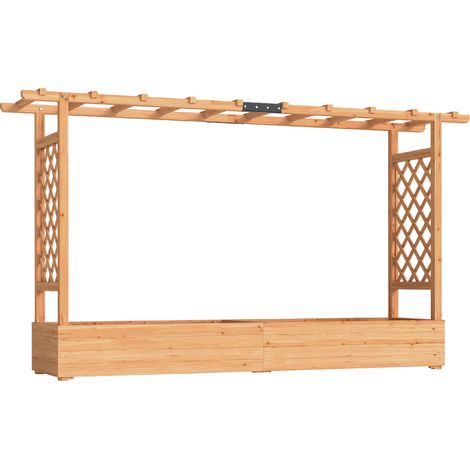 Bac de jardin surélevé en bois naturel avec treillis latéral et supérieur pour plantes grimpantes, 200x44x113,5cm, jardinière rectangulaire à trous de drainage. (1/5)