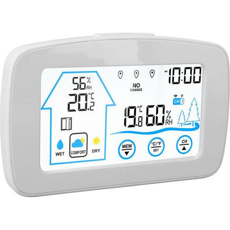 Hygromètre-thermomètre sans fil avec écran tactile rétroéclairé et prévisions météo. Indicateur de température et d'humidité sans fil pour intérieur et extérieur (blanc). (1/5)
