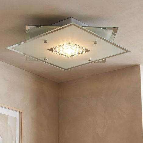 Lampada da soffitto cromata LED plafoniera cristalli lampada da soggiorno in vetro, cristalli di vetro ghiacciato, 1x LED 20W 700Lm bianco caldo, LxPxH 29 x 29 x 8 cm