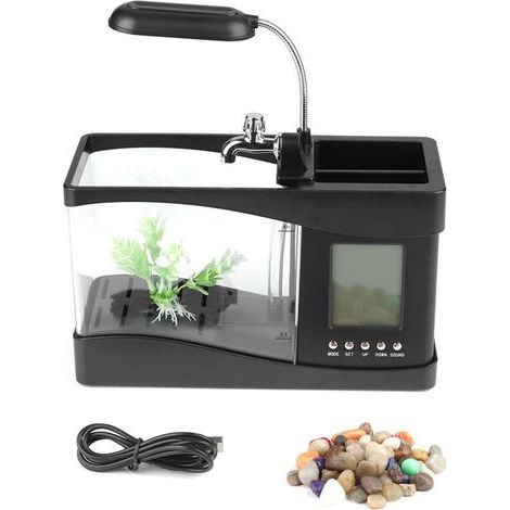 Mini Aquarium Rechargeable USB avec Horloge LED et Éclairage Coloré – Noir, Design Compact et Élégant pour Bureau ou Intérieur (1/5)