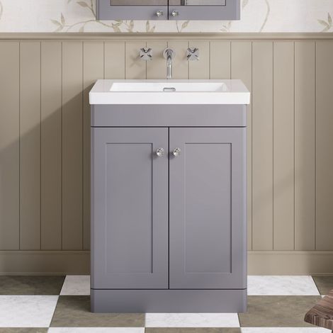 Nuie Classique Floor Standing 2-Door Vanity Unit with 0TH Contemporary Basin 600mm Wide - Satin Grey
