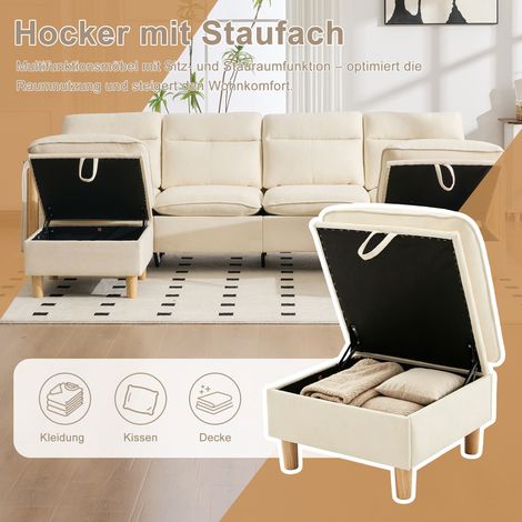 Grand canapé d'angle en U avec deux poufs de rangement sofa modulaire 4 places avec pieds en bois, tissu chenille beige confortable, parfait pour salon et espace familial. (1/5)