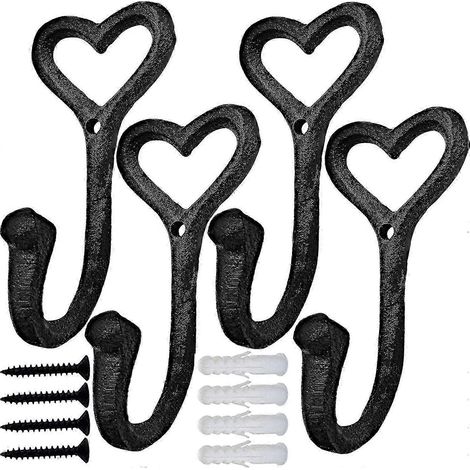 Crochets muraux en fonte noire antirouille en forme de cœur, lot de 4, robustes, pour écharpes, sacs, serviettes, clés, tasses et chapeaux. (1/4)