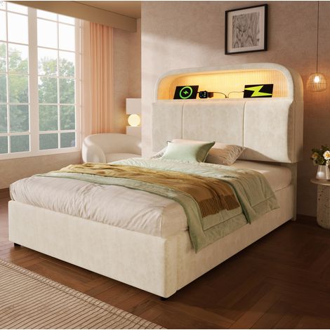 Cama tapizada individual 90x200 cm con cabecero regulable con almacenaje, LED, carga USB, terciopelo beige (1/5)
