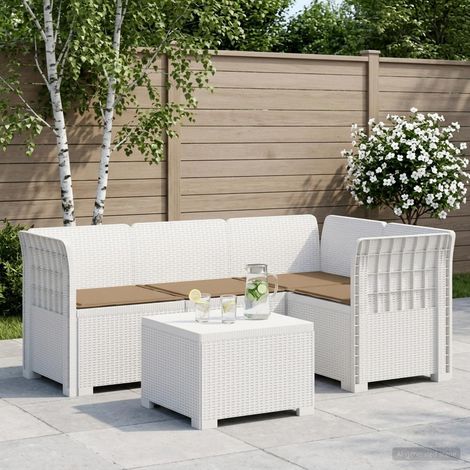 Canapé de Jardin Modulaire 4 Places avec Table et Coussins Style Rotin PP Blanc - PANGIVO (1/5)