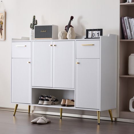 Scarpiera con 4 Ante, 2 Cassetti e 1 Vano Aperto con Gambe in Metallo per Ingresso in Pannello Truciolare Bianco 130×37×100 cm (1/5)