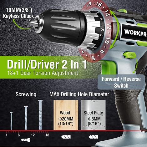 Workpro – Perceuse-visseuse sans fil 20V – 2 batteries 2.0Ah – Mandrin auto-bloquant 10mm – Visseuse à choc 130Nm pour bois et métal — vue 3