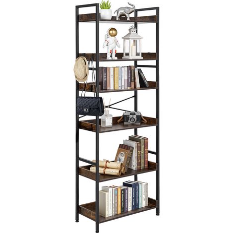 VEVOR Estantería Independiente Rectangular, 6 Niveles, Estilo Escalera Vintage con Estructura Metálica, con Estantes Abiertos, para Sala de Estar, Dormitorio, Cocina, Oficina, Marrón Rústico