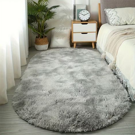 LAN Hellgrau 5050cm (Seide Wolle) Seiden- und Wollteppich, Schlafzimmerteppich, fleckenabweisend, leicht zu reinigen, ovaler, rutschfester Teppich für den Bettbereich. (1/5)