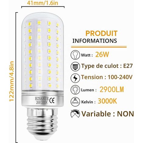 LED Ampoule à Maïs 26W Équivalent Ampoules à Incandescence E27 Edison Vis Ampoule 3000K Blanc Chaud 2900LM (1/2)