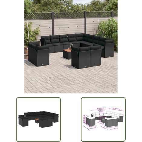 The Living Store Salon de jardin avec coussins 14 pcs noir résine tressée - Salon De Jardin - Meuble De Jardin - Mobilier Extérieur - Salon D'extérieur - Set De Salon (1/3)