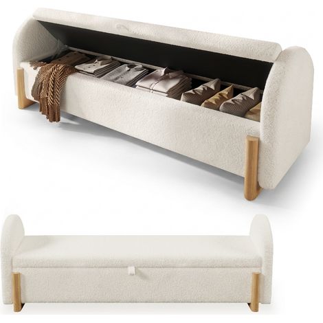 Banc de lit avec rangement 146 cm, bout de lit coffre hydraulique en tissu bouclette blanc, pieds en bois massif, capacité 150 kg pour chambre (1/5)