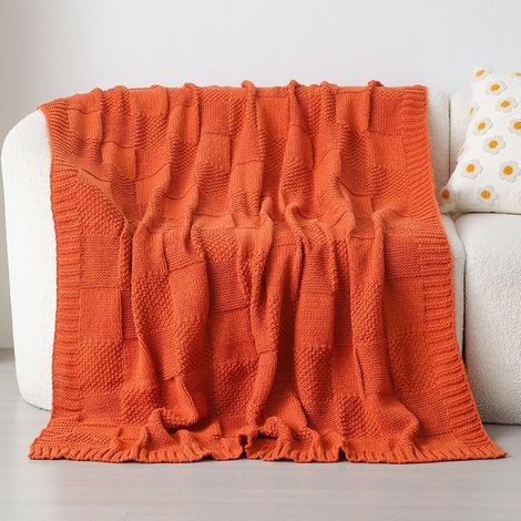 Couverture tricotée à carreaux (1 pièce), douce, confortable et chaude, idéale pour le canapé-lit du salon, 130 x 160 cm, couleur caramel. (1/5)