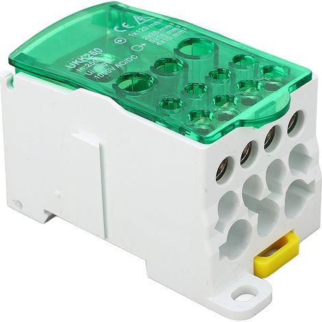 Boîtier de connexion à bornier sur rail Din monophasé pour tableau électrique 690V 250A entrée 120mm² sorties 35/16/10mm² PA66 laiton vert (1/5)