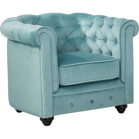 Fauteuil CHESTERFIELD - Velours bleu pastel