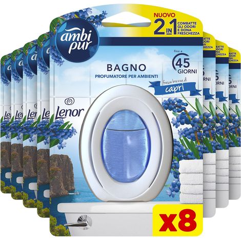 Ambi Pur Bagno Profumatore Per Ambienti, 8 per Bagno, Fragranza Lenor Freschezza Brezza di Capri, Diffusore Con Tecnologia Elimina Odori, Durata Fino A 45 Giorni (1/5)