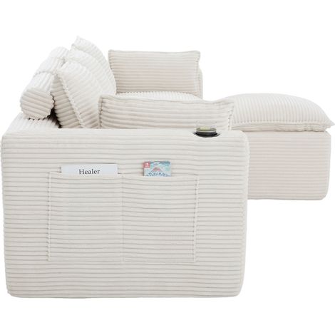 Sofá modular de 3 plazas con pouf en pana beige, cojines, portavasos y bolsillos laterales (1/5)